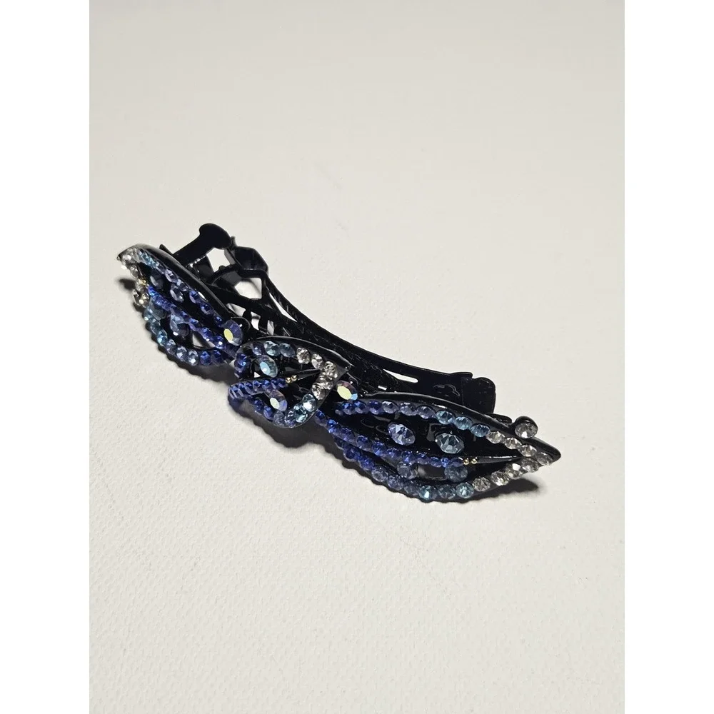 Blue Rhinestone Leaf Hair Barrette Crystal Sparkly Navy Teal Wave Clip Women